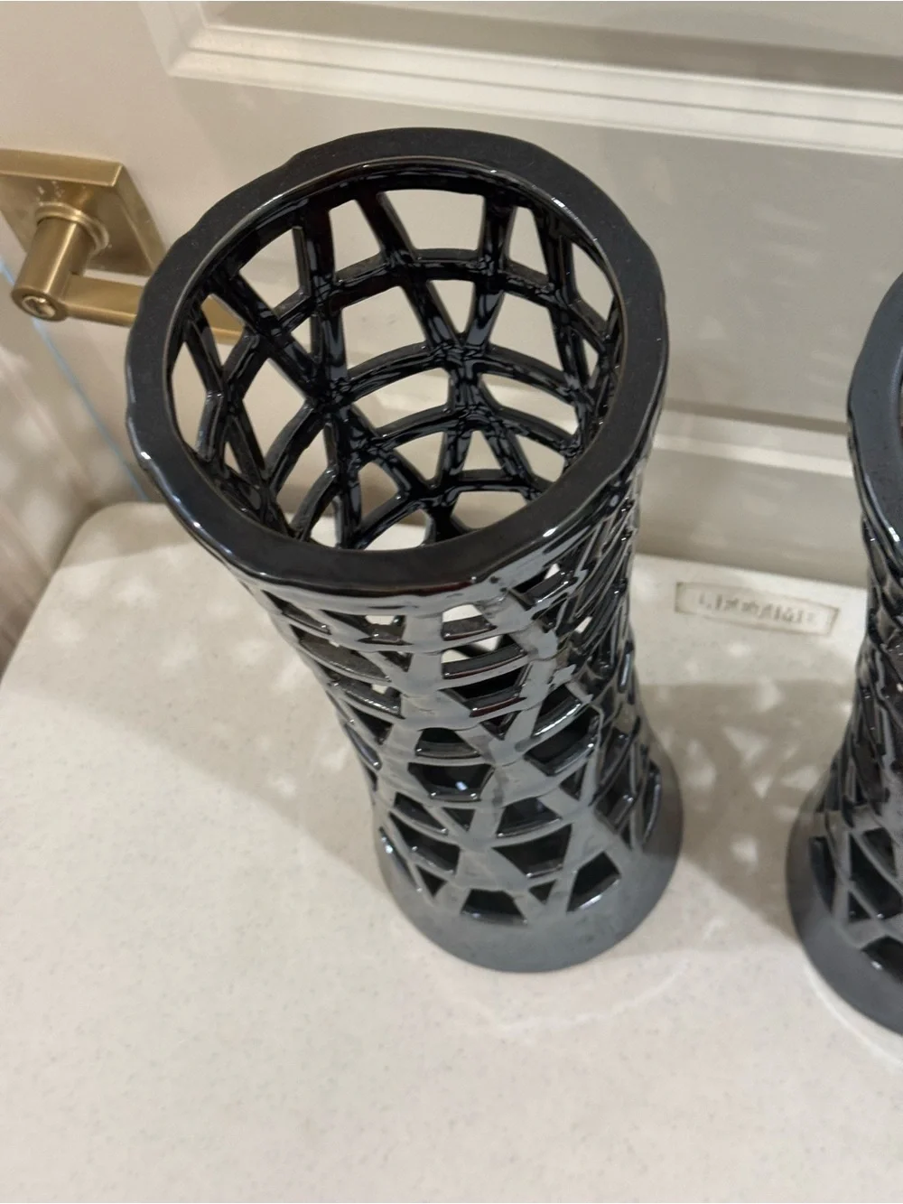 Glossy Blue Metallic Lattice Ceramic Vase Set ~ 16” H x 5.5” W